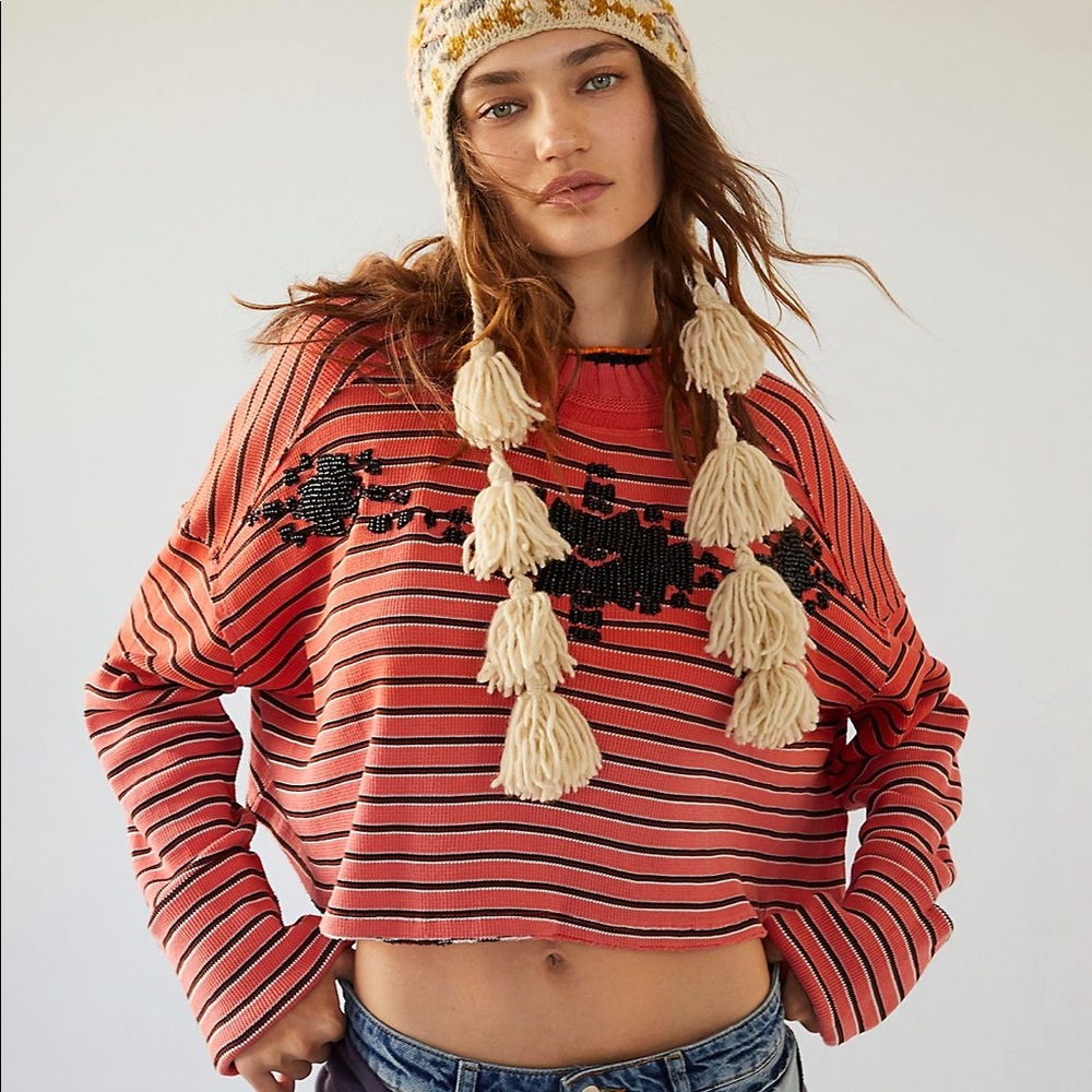 Free People Striped Orange and Black Crop Long Sleeve Top